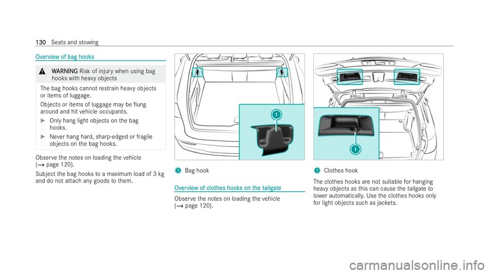 MERCEDES-BENZ CLA SHOOTING BRAKE 2021  Owners Manual Ov
Ov
er
ervie
vie w of bag hooks
w of bag hooks &
W
WARNING
ARNING Risk of injury when using bag
hooks with heavy objects
The bag hooks cannot restrain he avy objects
or items of lug gage.
Objects or