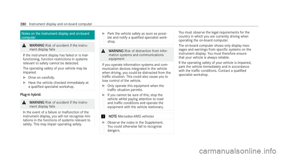 MERCEDES-BENZ CLA SHOOTING BRAKE 2021  Owners Manual N
N
o
ot
tes on t
es on t he ins
he instrtrument displa
ument displa y and on-board
y and on-board
com
com put
puter
er &
W
WARNING
ARNING Risk of accident if the inst ru-
ment display fails
If th e i