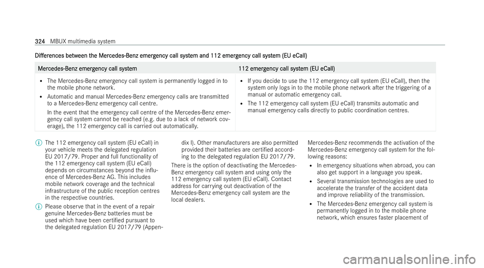MERCEDES-BENZ CLA SHOOTING BRAKE 2021  Owners Manual Di.er
Di.er
ences
ences be
betw
tween t
een t he Mer
he Mer cedes-Benz emerg
cedes-Benz emerg ency call syst
ency call system and 112 emerg
em and 112 emerg ency call syst
ency call system (EU eCall