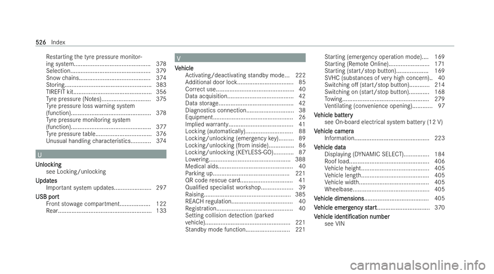 MERCEDES-BENZ CLA SHOOTING BRAKE 2021  Owners Manual Re
starting the tyre pressure monitor-
ing system............................................. 378
Selection...............................................3 79
Snow chains.............................