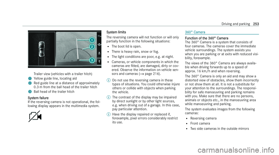 MERCEDES-BENZ CLA COUPE 2022  Owners Manual �T�r�a�i�l�e�r� �v�i�e�w� �(�v�e�h�i�c�l�e�s� �w�i�t�h� �a� �t�r�a�i�l�e�r� �h�i�t�c�h�)
�1 �Y�e�l�l�o�w� �g�u�i�d�e� �l�i�n�e�,� �l�o�c�a�t�i�n�g� �a�i�d
�2 �R�e�d� �g�u�i�d�e� �l�i�n�e� �a�t� �a� �d