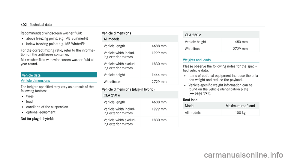 MERCEDES-BENZ CLA COUPE 2022  Owners Manual �R�e�c�o�m�m�e�n�d�e�d� �w�i�n�d�s�c�r�e�e�n� �w�a�s�h�e�r� 
O�u�i�d�:
�= �a�b�o
�v�e� �f�r�e�e�z�i�n�g� �p�o�i�n�t�:� �e�.�g�.� �M�B� �S�u�m�m�e�r�F�i�t
�= �b�e�l�o�w� �f�r�e�e�z�i�n�g� �p�o�i�n�t�: