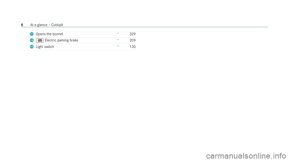 MERCEDES-BENZ CLA COUPE 2021  Owners Manual R
Opens the bonnet →
329
S ! Electric parking brake →
209
T Light switch →
130 8
8
At
a glance – Cockpit 