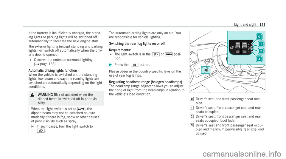 MERCEDES-BENZ CLA COUPE 2021  Owners Manual If
th e battery is insu1cient lych arge d, the stand-
ing lights or parking lights will be switched o.
automatically tofacilitate the next engine start.
The exterior lighting (e xcept standing and p