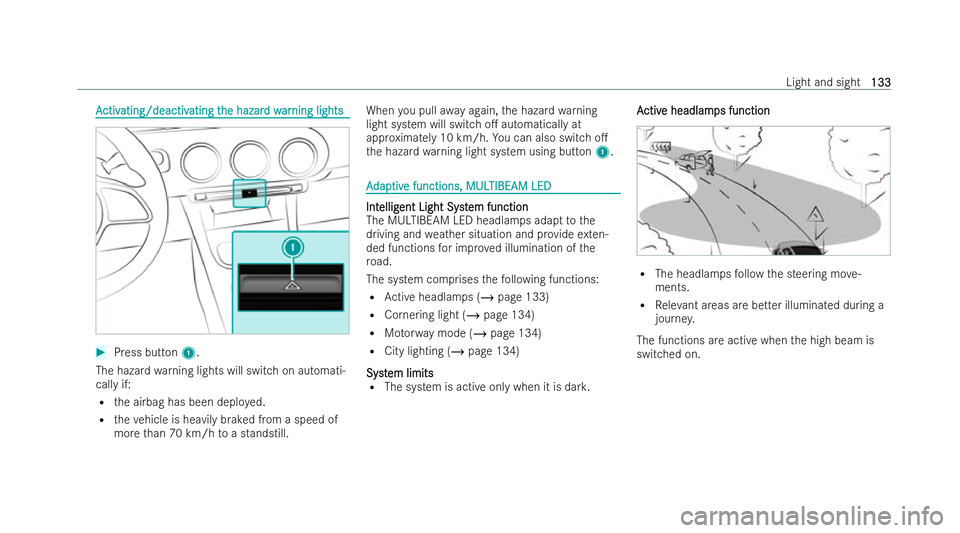 MERCEDES-BENZ CLA COUPE 2021  Owners Manual A
A
ctiv
ctiv ating/deactiv
ating/deactiv ating t
ating the hazar
he hazar d w
d war
arning lights
ning lights #
Press button 1.
The hazard warning lights will switch on automati-
cally if:
R the airb