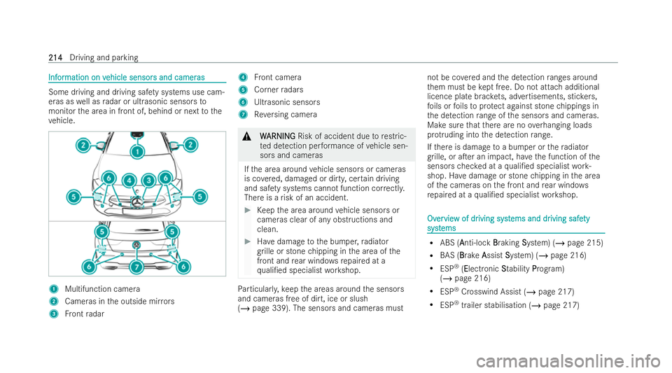 MERCEDES-BENZ CLA COUPE 2021  Owners Manual Inf
Inf
or
ormation on v
mation on v ehicle sensor
ehicle sensor s and camer
s and cameras
as Some driving and driving saf
ety sy stems use cam-
eras as well as radar or ultrasonic sensors to
monitor 