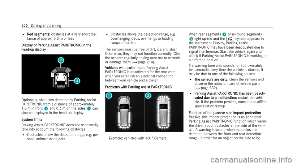 MERCEDES-BENZ CLA COUPE 2021  Owners Manual R
R
Red segments:
ed segments: obstacles at a very short dis-
ta nce of app rox. 0.3 m or less
Displa
Displa y of P
y of Par
arking Assis
king Assis t P
t PARK
ARK TR
TRONIC in t
ONIC in t he
he
head-