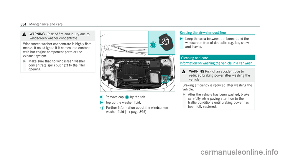 MERCEDES-BENZ CLA COUPE 2021  Owners Manual &
W
WARNI NG
ARNI NG‑ Risk of /re and injury due to
windscreen washer concent rate
Wi ndsc reen washer concent rate is highly 0am-
mable. It could ignite if it comes into contact
with hot engine c