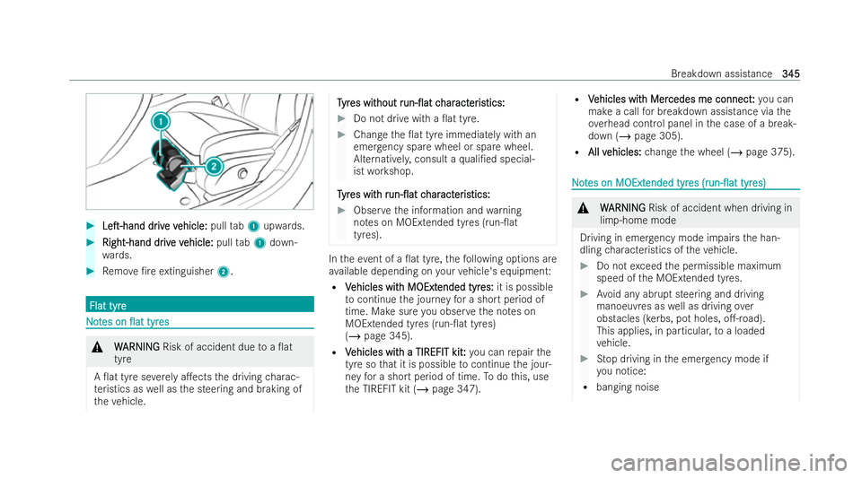 MERCEDES-BENZ CLA COUPE 2021  Owners Manual #
LeT-hand
LeT-hand dr
driv
ive v
e v ehicle:
ehicle: pulltab1 upwards. #
Right-hand dr
Right-hand dr iv
ive v
e v ehicle:
ehicle: pulltab1 down-
wa rds. #
Remo ve/re extinguisher 2. Flat tyre
Flat