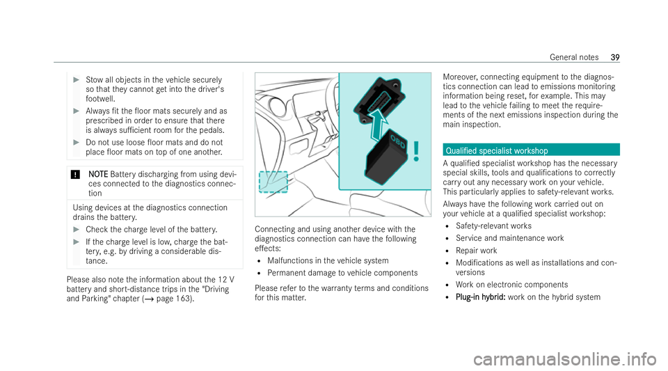 MERCEDES-BENZ CLA COUPE 2021 Service Manual #
Stow all objects in theve hicle securely
so that they cannot getinto the driver's
fo ot we ll. #
Always /t the 0oor mats securely and as
prescribed in order toensure that there
is alw ays su1