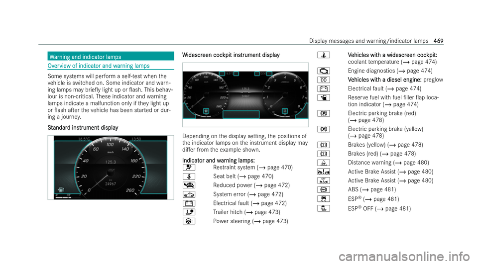 MERCEDES-BENZ CLA COUPE 2021  Owners Manual W
W
ar
ar ning and indicat
ning and indicat or lam
or lamps
ps Ov
Ov
er
ervie
vie w of indicat
w of indicat or and w
or and war
arning lam
ning lam ps
ps Some systems will per
form a self-test when th