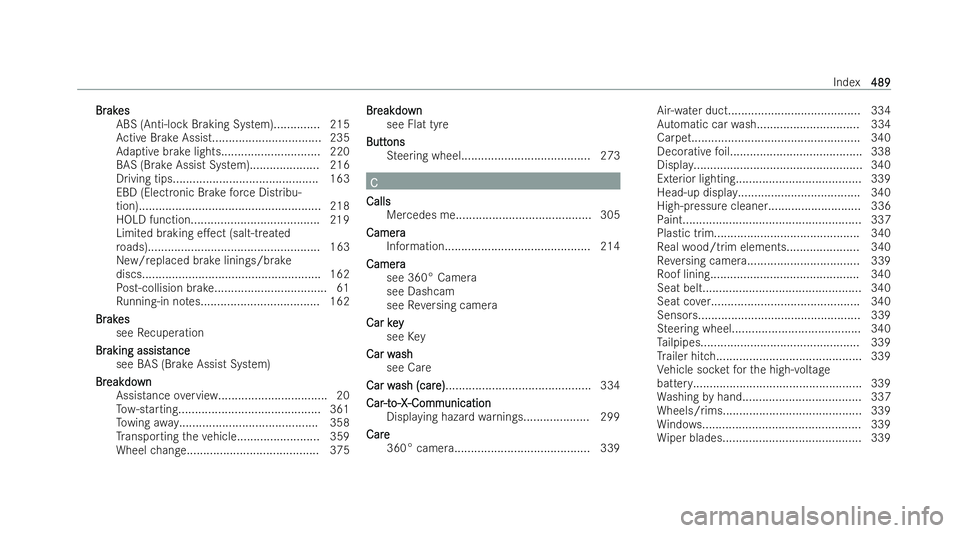 MERCEDES-BENZ CLA COUPE 2021  Owners Manual Br
Br
ak
ak es
es
ABS (Anti-lo ckBraking System).............. 215
Ac tive Brake Assist................................. 235
Ad aptive brake lights.............................. 220
BAS (Brake Assist 