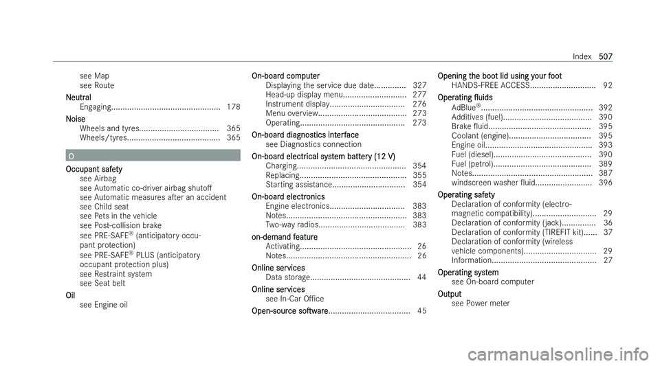 MERCEDES-BENZ CLA COUPE 2021 Owners Manual see Map
see Route
N
N eutr
eutr al
al
Engaging................................................ 178
N
Noise oise
Wheels and tyres................................... 365
Wheels/tyres.................... MERCEDES-BENZ CLA COUPE 2021 Owners Manual see Map
see Route
N
N eutr
eutr al
al
Engaging................................................ 178
N
Noise oise
Wheels and tyres................................... 365
Wheels/tyres....................