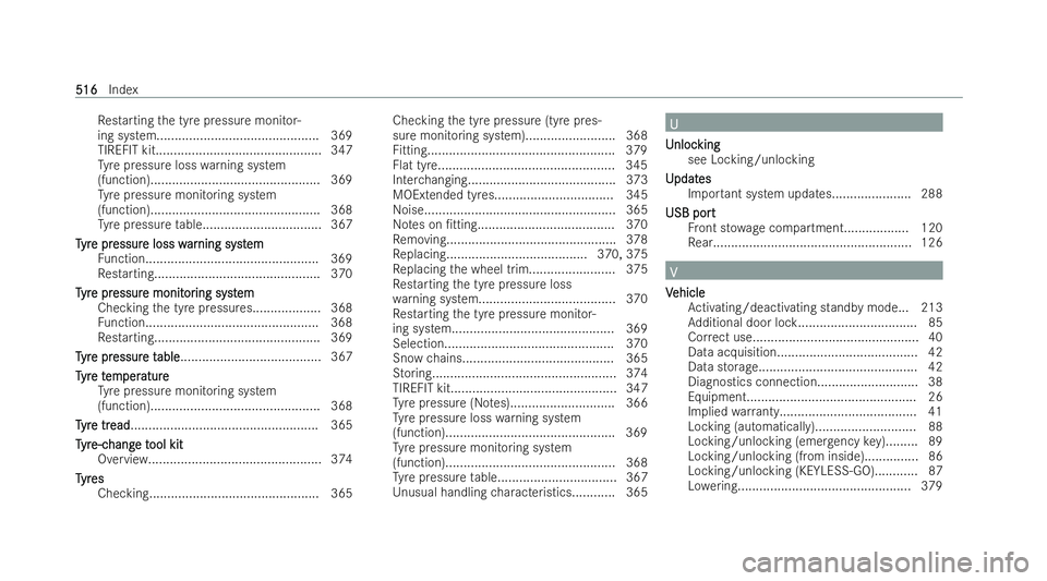 MERCEDES-BENZ CLA COUPE 2021  Owners Manual Re
starting the tyre pressure monitor-
ing system............................................. 369
TIREFIT kit..............................................3 47
Ty re pressure loss warning system
(fun