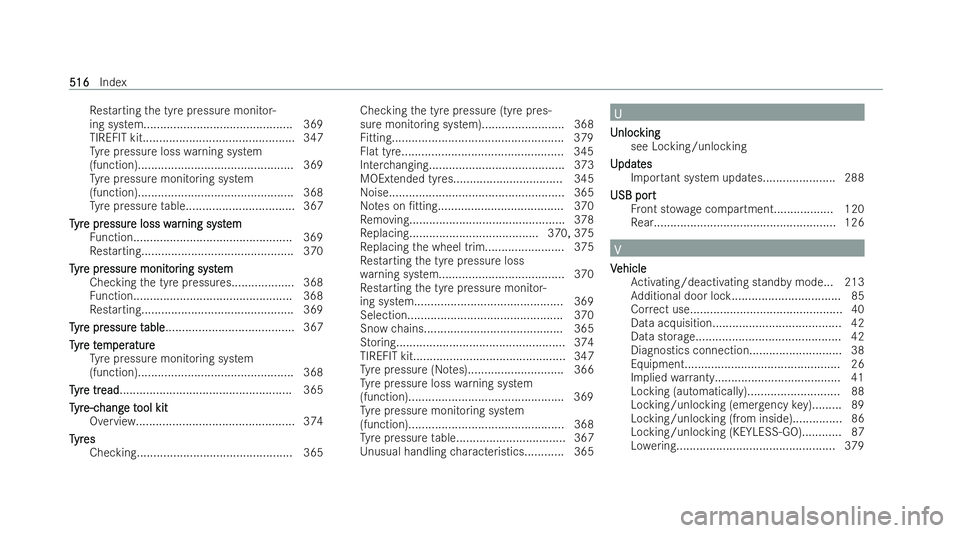 MERCEDES-BENZ CLA COUPE 2021 Workshop Manual Re
starting the tyre pressure monitor-
ing system............................................. 369
TIREFIT kit..............................................3 47
Ty re pressure loss warning system
(fun