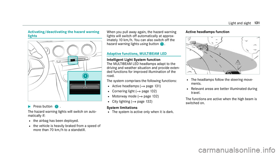 MERCEDES-BENZ CLA COUPE 2019  Owners Manual Ac
tivating/deactivating the hazard warning
lights #
Press button 1.
The hazard warning lights will switch on auto‐
matically if:
R the airbag has been deplo yed.
R theve hicle is heavily braked fro