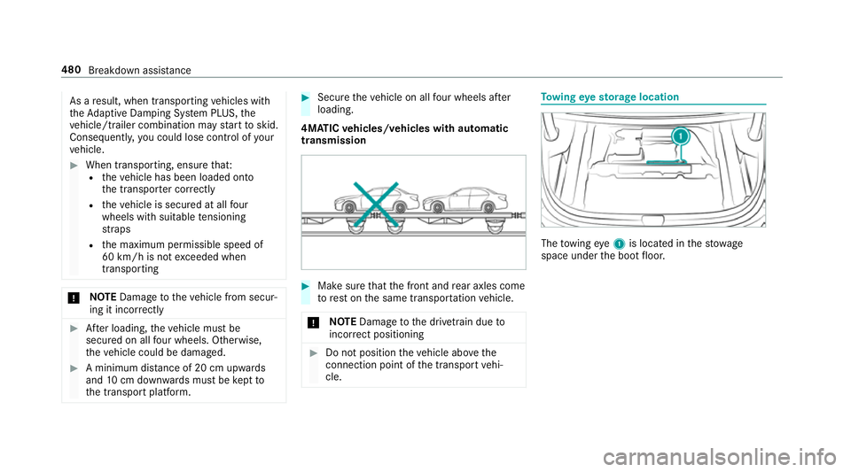 MERCEDES-BENZ CLA COUPE 2019  Owners Manual As a
result, when transporting vehicles with
th eAd aptive Damping Sy stem PLUS, the
ve hicle/trailer combination may start toskid.
Consequentl y,yo u could lose cont rol of your
ve hicle. #
When tran