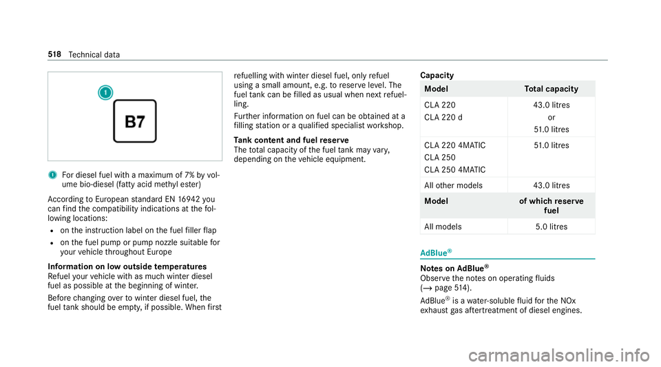 MERCEDES-BENZ CLA COUPE 2019  Owners Manual 1
For diesel fuel with a maximum of 7% byvol‐
ume bio-diesel (fatty acid me thyl es ter)
Ac cording toEuropean standard EN 1694 2you
can find the compatibility indications at thefo l‐
lowing locat