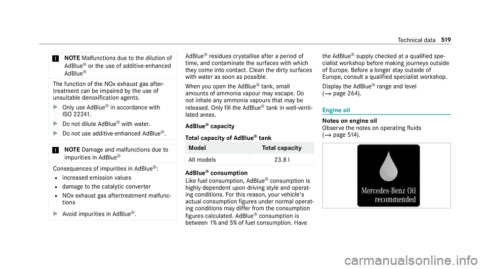 MERCEDES-BENZ CLA COUPE 2019  Owners Manual *
NO
TEMalfunctions due tothe dilution of
Ad Blue ®
or the use of additive-enhanced
Ad Blue ® The function of
the NOx exhaust gas af ter‐
treatment can be impaire dby the use of
unsuitable denoxif