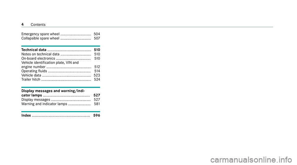 MERCEDES-BENZ CLA COUPE 2019  Owners Manual Emergency spare wheel .............................. 504
Collapsible spare wheel .............................. 507 Te
ch nical data ........................................... 51 0
No tes on tech nic
