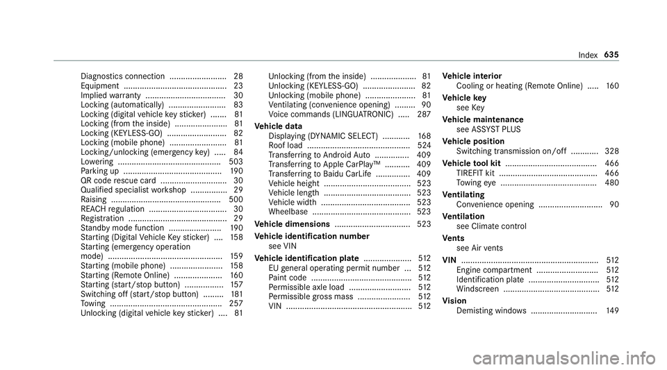 MERCEDES-BENZ CLA COUPE 2019 Owners Manual Diagno
stics connection ........................ .28
Equipment ............................................. 23
Implied warranty .................................. .30
Locking (auto matically) ....... MERCEDES-BENZ CLA COUPE 2019 Owners Manual Diagno
stics connection ........................ .28
Equipment ............................................. 23
Implied warranty .................................. .30
Locking (auto matically) .......