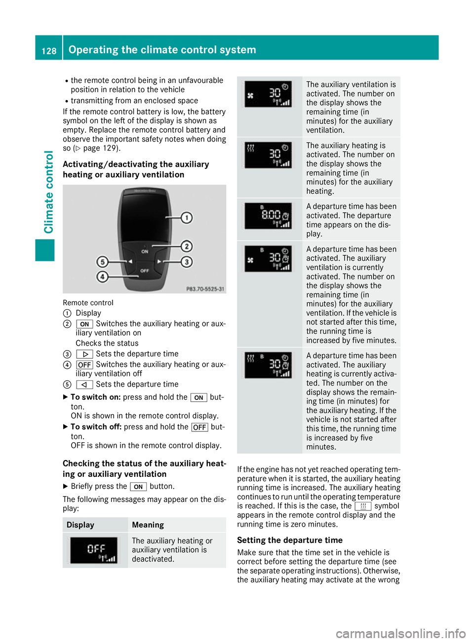 MERCEDES-BENZ CLA COUPE 2016  Owners Manual R
the remote control being in an unfavourable
position in relation to the vehicle
R transmitting from an enclosed space
If the remote control battery is low, the battery
symbol on the left of the disp