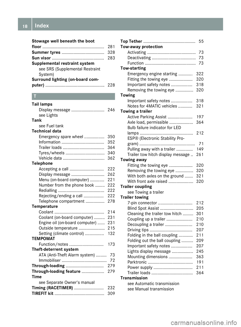 MERCEDES-BENZ CLA COUPE 2013  Owners Manual Stowage well beneath the boot
floor
....................................................2 81
Summer tyres ................................... .328
Sun visor ...........................................