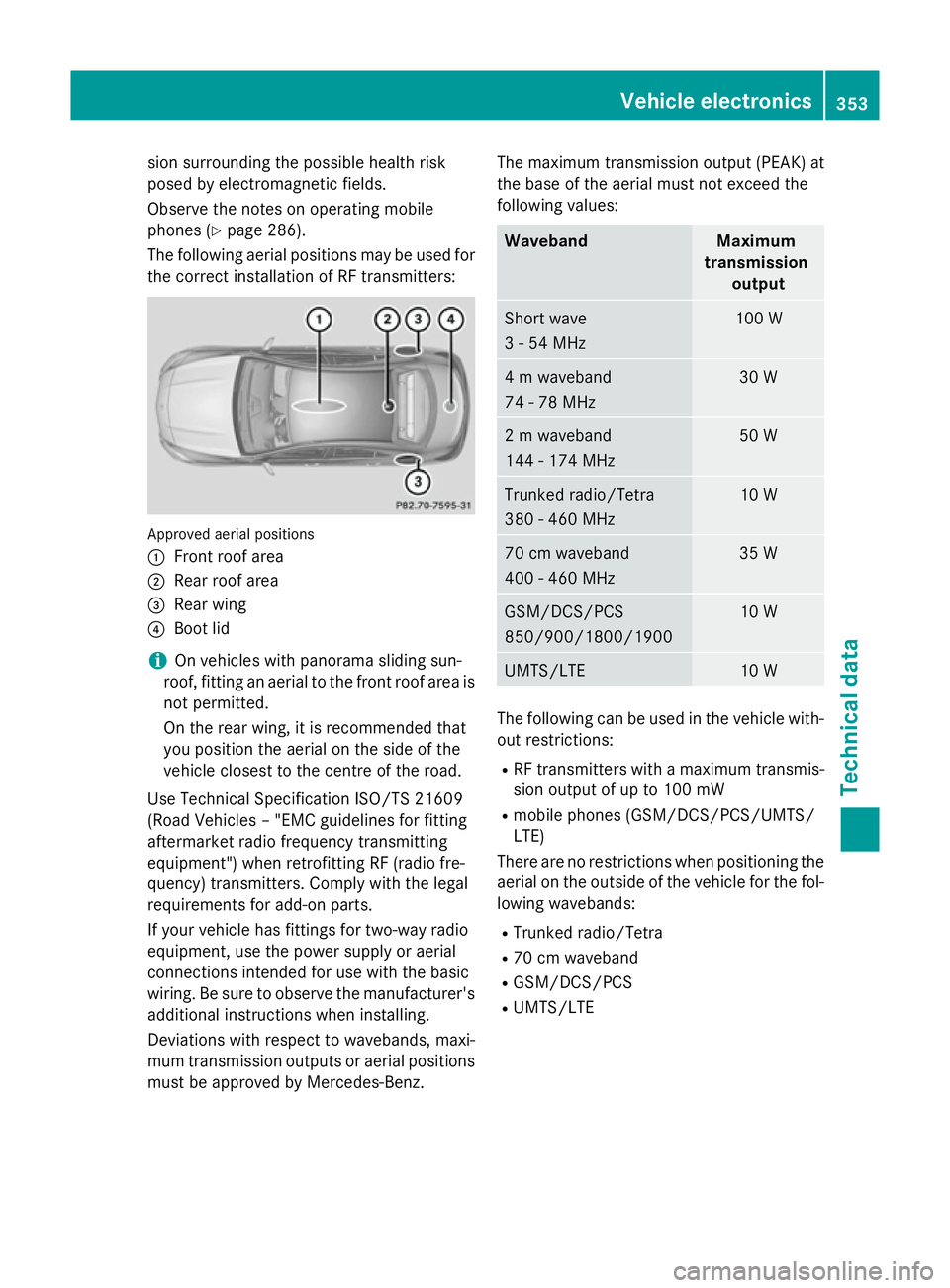 MERCEDES-BENZ CLA COUPE 2013  Owners Manual sion surrounding the possible health risk
posed by electromagnetic fields.
Observe the notes on operating mobile
phones (Y page 286).
The following aerial positions may be used for the correct install
