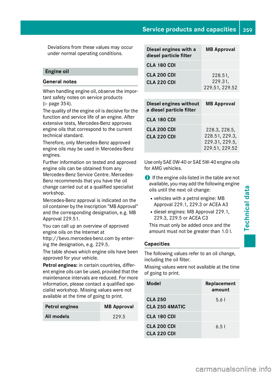 MERCEDES-BENZ CLA COUPE 2013 Owners Manual Deviations from these values may occur
under normal operating conditions. Engine oil
General notes When handling engine oil, observe the impor-
tant safety notes on service products
(Y page 354).
The MERCEDES-BENZ CLA COUPE 2013 Owners Manual Deviations from these values may occur
under normal operating conditions. Engine oil
General notes When handling engine oil, observe the impor-
tant safety notes on service products
(Y page 354).
The