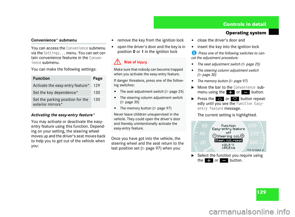 MERCEDES-BENZ CLK CABRIOLET 2004  Owners Manual 129
Controls in detail
Operating system Convenience* submenu
You can access theConven
iencesubmenu
vi a the
Settings...menu. You can set cer-
tain convenience features in the
Conven-
ience
submenu.
Yo