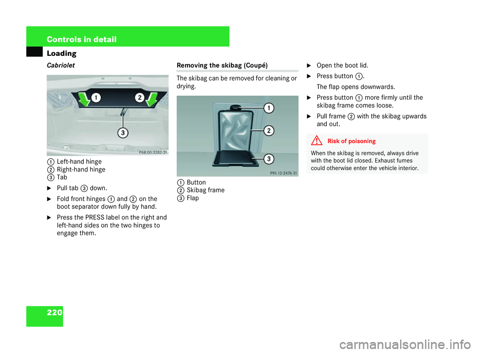 MERCEDES-BENZ CLK CABRIOLET 2004  Owners Manual 220 Controls in detail
Loading
Cabriolet
1 Left-ha nd hinge
2 Right-hand hinge
3 Tab
�6 Pull tab 3down.
�6 Foldfront hinges 1and 2on the
bo ot separator down fully by hand.
�6 Press the PRESS label on