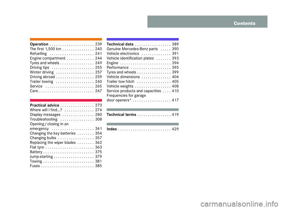 MERCEDES-BENZ CLK CABRIOLET 2004  Owners Manual Contents
Operation
. . ..... . . . ..... . . . ...239
The first 1,500 km . . . . .. . . . . . . ...2 40
Refuelling . . . . . . . . . . . . . . . . . . . . .241
Eng ine co mpartment . . . ..... . . ...