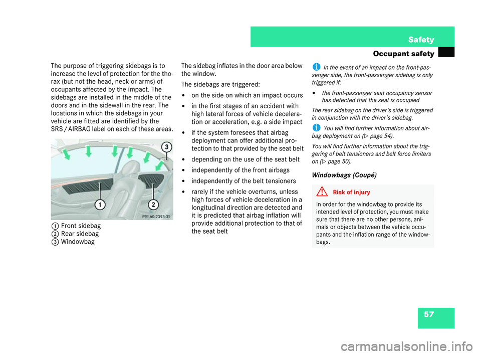 MERCEDES-BENZ CLK CABRIOLET 2004 Workshop Manual 57
Safety
Occupant safety
The purpose of triggering sidebags is to
increase the level of protection for the tho-
rax (but not the head, neck or arms) of
occupants affected by the impact. The
sidebags 