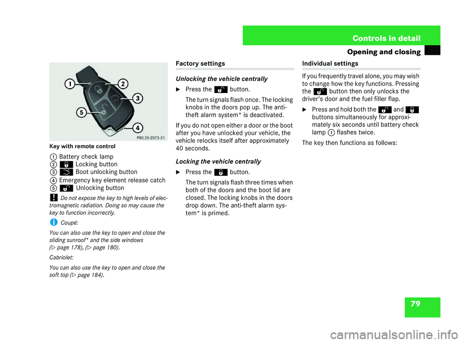 MERCEDES-BENZ CLK CABRIOLET 2004  Owners Manual 79
Controls in detail
Opening and closing
Key with remote control
1 Battery check lamp
2 ‹ Locking button
3 Š Boot unlocking button
4 Emergency key element release catch
5 Œ
Unlocking button
! Do 