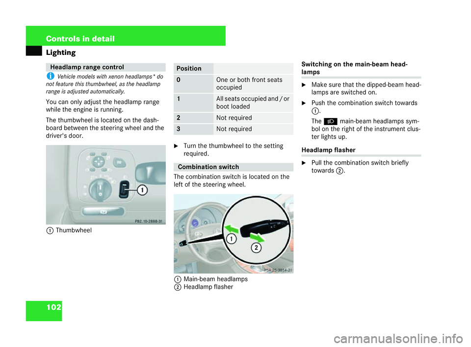 MERCEDES-BENZ CLK COUPE 2004  Owners Manual 102 Controls in detail
Light
ing
i Vehicle models with xenon hea dlamps *do
not feature this thumbwheel, as the headlamp
range is adjusted automatically.
You can only adjust the headlamp range
while t