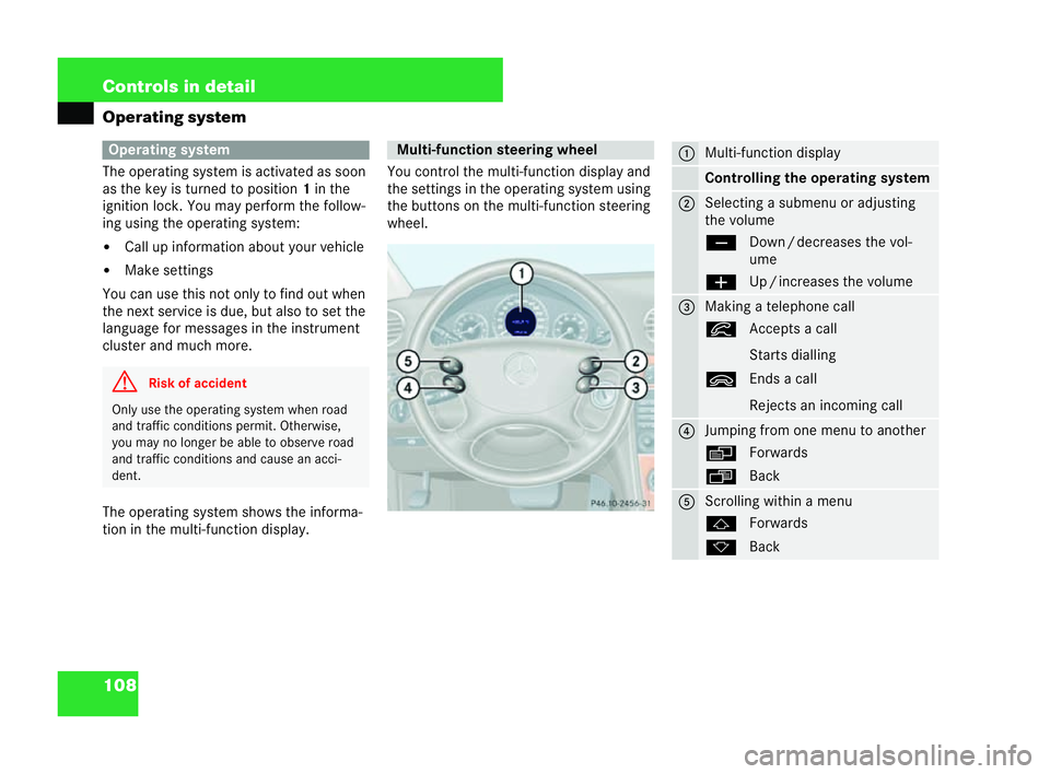 MERCEDES-BENZ CLK COUPE 2004  Owners Manual 108 Controls in detail
Operating system
The operating system is activated as soon
as
the key is turned to position 1in the
ignition lock. You may perform the follow-
ing using the operating system:
�!