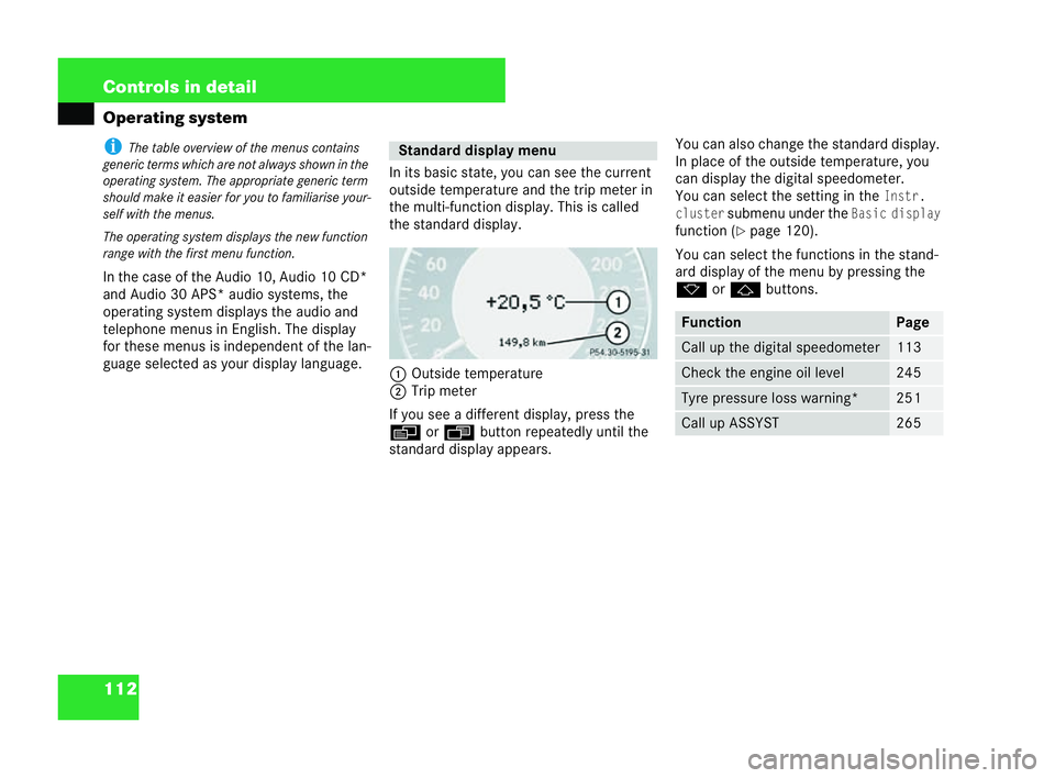 MERCEDES-BENZ CLK COUPE 2004  Owners Manual 112 Controls in detail
Operating systemi
The table overview of the menus contains
gene ric terms which are not always sho wninthe
operating system. The appropriate generic term
should make it easier f