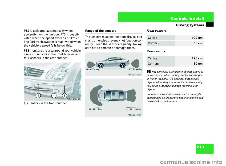 MERCEDES-BENZ CLK COUPE 2004  Owners Manual 213
Controls in detail
Driving systems
PT S is activat ed automatically when
you switch on the ignition. PTS is deacti-
va ted when the speed exceeds 15 km /h.
The Parktronic system is reactivated whe