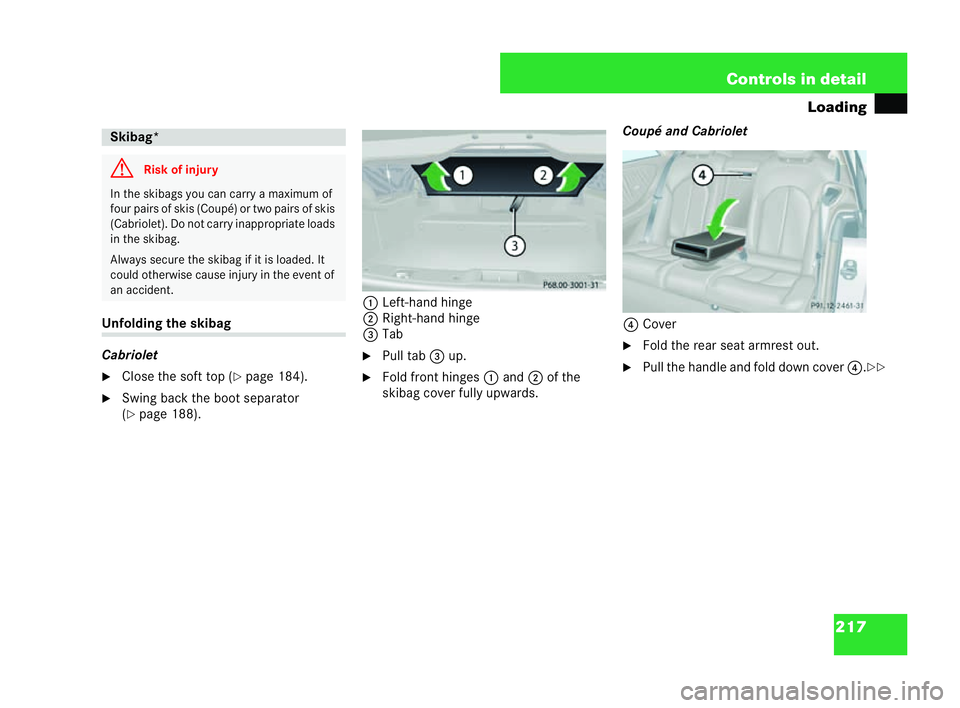 MERCEDES-BENZ CLK COUPE 2004  Owners Manual 217
Controls in detail
Loading Unfolding
the skibag
Cabriolet
�6 Close the soft top ( �=page 184).
�6 Swin gbac kthe boot separator
(�= page 188). 1
Left-hand hinge
2 Right-hand hinge
3 Tab
�6 Pull ta