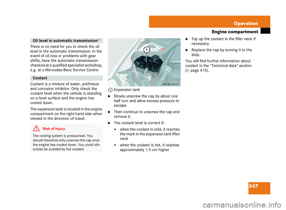 MERCEDES-BENZ CLK COUPE 2004  Owners Manual 247
Operation
Engine compartment
There is no need for you to check the oil
level in the autom atictransmission. In the
event of oil loss or problems with gear
shifts, have the automatic tr ansmiss ion