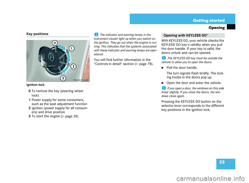 MERCEDES-BENZ CLK COUPE 2004 Owners Manual 23
Getting started
Opening Key positions
Ignition lock
0 To remove the key (steering wheel
lock)
1 Power supply for some consumers,
such as the seat adjustment function
2 Ignition (power supply for al