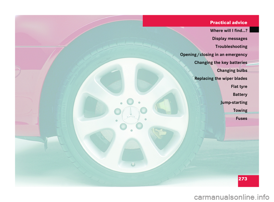 MERCEDES-BENZ CLK COUPE 2004  Owners Manual 273
Practical advice
Where will I find...?
Display messages Troubleshooting
Opening /closi nginan em ergen cy
Changing the key batteries Changing bulbs
Replacing the wiper blades Flat tyreBattery
Jump