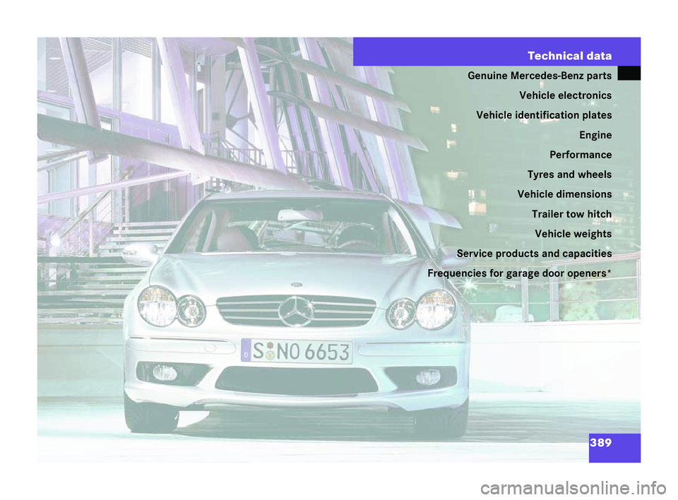 MERCEDES-BENZ CLK COUPE 2004 Owners Manual 389
Te
chnical data
Genuine Mercedes-Benz parts
Vehicle electronics
Vehicle identification plates Engine
Perfo rmance
Tyres and wheels
Vehicle dimensions Trailer tow hitch
Vehicle weights
Service prod MERCEDES-BENZ CLK COUPE 2004 Owners Manual 389
Te
chnical data
Genuine Mercedes-Benz parts
Vehicle electronics
Vehicle identification plates Engine
Perfo rmance
Tyres and wheels
Vehicle dimensions Trailer tow hitch
Vehicle weights
Service prod