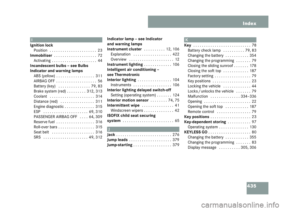 MERCEDES-BENZ CLK COUPE 2004 Owners Manual 435
Index I
Ignition lock Po sition . . . ..... . . ..... . . . ....23
Immobiliser .. . . . . . . .. . . . . . . .. ..72
Ac tivat ing. ..... . . . ..... . . . ....44
Incand escent bulbs – see Bulbs
MERCEDES-BENZ CLK COUPE 2004 Owners Manual 435
Index I
Ignition lock Po sition . . . ..... . . ..... . . . ....23
Immobiliser .. . . . . . . .. . . . . . . .. ..72
Ac tivat ing. ..... . . . ..... . . . ....44
Incand escent bulbs – see Bulbs