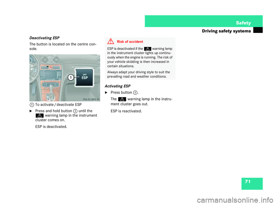 MERCEDES-BENZ CLK COUPE 2004 Manual PDF 71
Safety
Driving safety systems
Deactivating ESP
The button islocated on the centre con-
sole.
1 To ac tivate /deactivate ESP
�6 Press and hold button 1until the
v warning lamp in the instrument
clus
