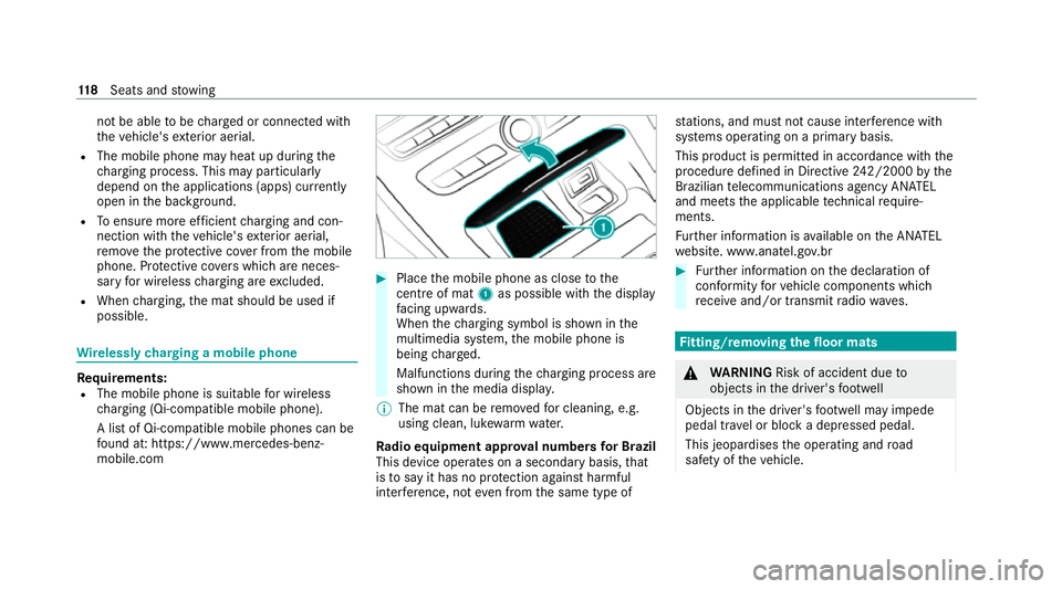 MERCEDES-BENZ CLS COUPE 2020 Owners Manual not be able
tobe charge d or connec ted with
th eve hicle's exterior aerial.
R The mobile phone may heat up during the
ch arging process. This may particular ly
depend on the applications (apps) c MERCEDES-BENZ CLS COUPE 2020 Owners Manual not be able
tobe charge d or connec ted with
th eve hicle's exterior aerial.
R The mobile phone may heat up during the
ch arging process. This may particular ly
depend on the applications (apps) c