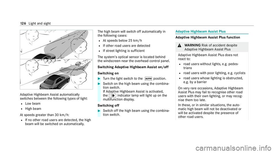 MERCEDES-BENZ CLS COUPE 2020 Owners Manual Ad
aptive Highbeam Assist automatically
swit ches between thefo llowing types of light:
R Low beam
R High beam
At speeds greater than 30 km/h:
R If no other road users are de tected, the high
beam wil MERCEDES-BENZ CLS COUPE 2020 Owners Manual Ad
aptive Highbeam Assist automatically
swit ches between thefo llowing types of light:
R Low beam
R High beam
At speeds greater than 30 km/h:
R If no other road users are de tected, the high
beam wil