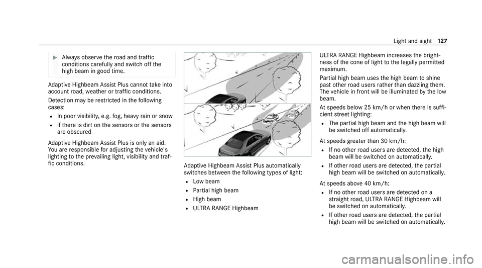 MERCEDES-BENZ CLS COUPE 2020 Owners Manual #
Alw ays obser vethero ad and traf fic
conditions carefully and switch off the
high beam in good time. Ad
aptive Highbeam Assist Plus cannot take into
account road, weather or traf fic conditions.
De MERCEDES-BENZ CLS COUPE 2020 Owners Manual #
Alw ays obser vethero ad and traf fic
conditions carefully and switch off the
high beam in good time. Ad
aptive Highbeam Assist Plus cannot take into
account road, weather or traf fic conditions.
De