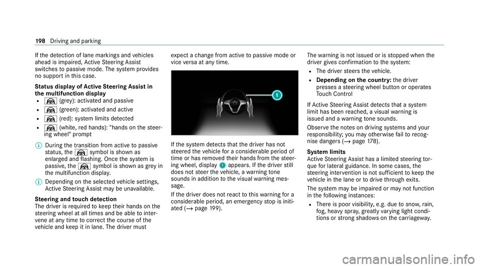 MERCEDES-BENZ CLS COUPE 2020 Owners Manual If
th e de tection of lane markings and vehicles
ahead is impaired, Active Steering Assist
switches topassive mode. The sy stem pr ovides
no support in this case.
St atus display of Active Steering As MERCEDES-BENZ CLS COUPE 2020 Owners Manual If
th e de tection of lane markings and vehicles
ahead is impaired, Active Steering Assist
switches topassive mode. The sy stem pr ovides
no support in this case.
St atus display of Active Steering As