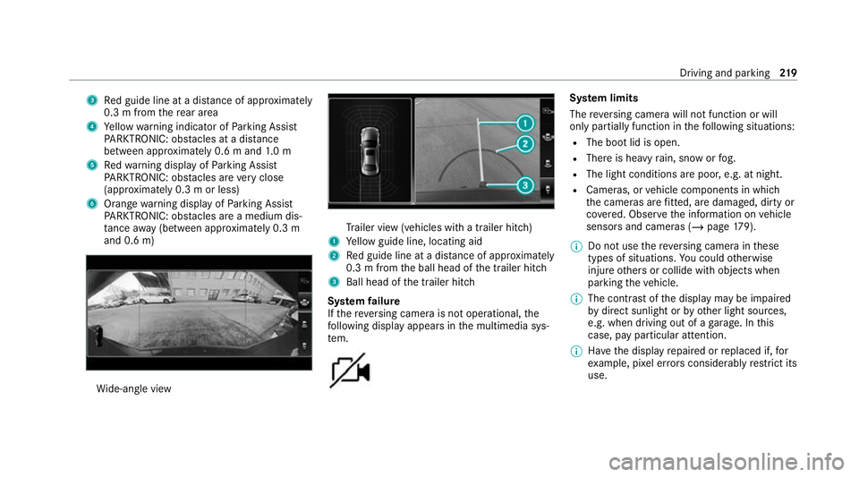 MERCEDES-BENZ CLS COUPE 2020 Owners Manual 3
Red guide line at a dis tance of appr oximately
0.3 m from there ar area
4 Yellow warning indicator of Parking Assist
PA RKTRONIC: obstacles at a dis tance
between appr oximately 0.6 m and 1.0 m
5 R MERCEDES-BENZ CLS COUPE 2020 Owners Manual 3
Red guide line at a dis tance of appr oximately
0.3 m from there ar area
4 Yellow warning indicator of Parking Assist
PA RKTRONIC: obstacles at a dis tance
between appr oximately 0.6 m and 1.0 m
5 R